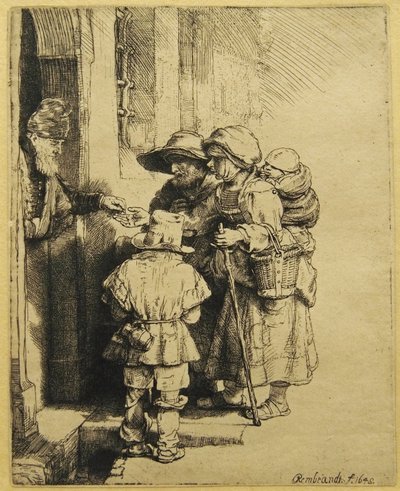Un Suonatore di Ghironda Cieco e Famiglia che Ricevono Elemosina da Rembrandt van Rijn